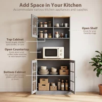 HOMCOM Kitchen Pantry, Buffet Hutch with 3 Storage Cabinets, 2 Open Shelves and Large Countertop for Kitchen, Grey(m-4)