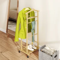HOMCOM Servomuto 4 in 1 a Rotelle con 2 Aste, Vassoio Svuota Tasche e Ripiano per Scarpe, in Bambù, 47x33.7x105.5 cm(m-4)