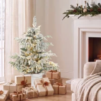 HOMCOM 3ft Prelit Flocked Christmas Tree, Artificial Snow Flocked Spruce with 100 Warm White LED Lights, 8 Modes, Green(m-2)