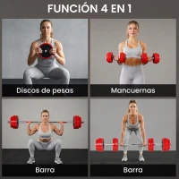 HOMCOM Juego de Mancuernas 30 kg Ajustables 4 en 1 con 12 Discos 2 Barras y Biela Ajustable para Entrenamiento de Fuerza Levantamiento de Pesas Hogar Gimnasio Oficina Negro y Rojo(m-4)