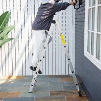 HOMCOM Escalera Aluminio Triangular de Tijera Plegable Portátil 2 Formas de Uso Pie Antideslizante Altura 160-249 cm Plata(m-10)