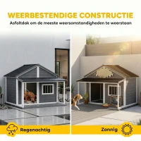 PawHut Hondenhok voor buiten - Inclusief veranda - Weerbestendig - 124 cm x 112 cm x 105 cm - Grijs + Wit(m-5)