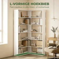 HOMCOM Boekenkast met 7 Lagen, L-vormig Hoekrek met Anti-slip Achterwand, Wit met Houtlook(m-4)