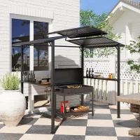 Outsunny Grillpavillon 250 x 160 x 250 cm wasserdicht Gartenpavillon mit Doppelschichtdach, Seitenregalen Schwarz(m-10)