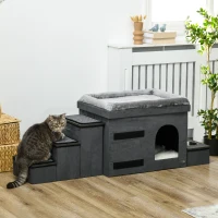 PawHut Katzenhaus Katzenhütte Katzenhöhle, 3 Haustiertreppen, 2 Fressnäpfe, 70 x 50 x 51, cm,  Grau(m-10)