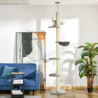 PawHut Kratzbaum mit Hängematte, inkl. Deckenspanner, Deckenhoch, 40 cm x 40 m x 250 cm, Grau + Cremeweiß(m-10)
