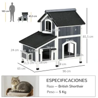 PawHut Caseta de Madera de Exterior para Gatos Casa para Gatos Refugio para Gatos de 2 Niveles 96x65x85,5 cm Gris(m-3)