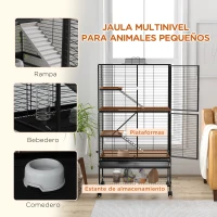 PawHut Jaula para Animales Pequeños de 4 Niveles con Ruedas Rampa Comedero Bebedero y Bandeja Extraíble 78x45,5x136 cm Negro(m-5)