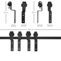 HOMCOM Herraje para Puerta Corredera 200 cm Kit de Acero al Carbono Accesorios con 2 Puertas Deslizantes de Madera Negro(m-3)