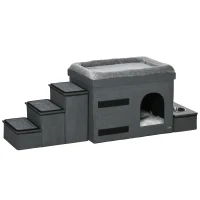 PawHut Katzenhaus Katzenhütte Katzenhöhle, 3 Haustiertreppen, 2 Fressnäpfe, 70 x 50 x 51, cm,  Grau(m-11)