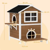 PawHut Buitenkattenhuis met Weerbestendig Dak, Venster, Balkon, 2 Niveaus, Verwijderbare Bodem, voor 1-2 Katten, Bruin(m-3)