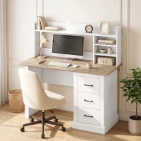 HOMCOM Bureau Informatique avec 3 Tiroirs, 120x55cm, Bureau avec Rangement, Étagères Ouvertes et Large Plateau, Chêne et Blanc(m-15)
