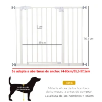 PawHut Puerta para Perros con Longitud Ajustable Cierre Automático para Escaleras Pasillos 74-80/91,5-97,5x76,2 cm Blanco(m-3)