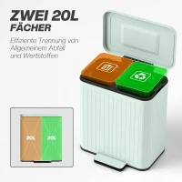 HOMCOM Küchenmülleimer, 2 x 20 L-Fächer, effiziente Mülltrennung, Fußpedal, Kunststoff, Metall, Grün(m-4)