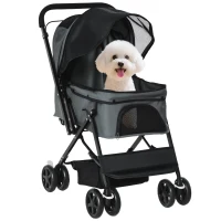 PawHut Carrito para Perros Plegable con Mango Reversible Ventana de Malla Cesta de Almacenamiento 76,5x52x95 cm Gris(m-1)