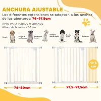 PawHut Puerta para Perros con Longitud Ajustable Cierre Automático para Escaleras Pasillos 74-80/91,5-97,5x76,2 cm Blanco(m-4)