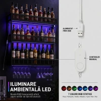 HOMCOM Suport de perete pentru vin cu LED, stil industrial, metal negru(m-5)