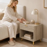HOMCOM Bedside Table with Drawer and Open Compartment, Nightstand with Handle for Bedroom, Living Room, Natural Wood Finish(m-8)