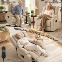 HOMCOM Elektrischer Aufstehsessel mit Vibrationsmassage und Wärmefunktion, Relaxsessel in Samtoptik mit Federkernpolsterung, Cremeweiß(m-4)