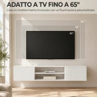HOMCOM Mobile TV Sospeso, Mobile Porta TV Fino a 65" con Ripiano Regolabile, Luci LED RGB, Prese di Corrente, Bianco(m-5)