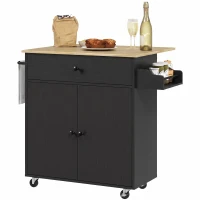 HOMCOM Kitchen Island with Drop Leaf, Rolling Kitchen Storage Trolley on Wheels with Drawer, Spice Rack and Towel Rack, Black(m-15)