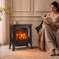 HOMCOM 3-Sided Glass Electric Fire Fan Heater, Electric Fireplace Stove Freestanding Log Burner with Flame Effect, Black(m-2)