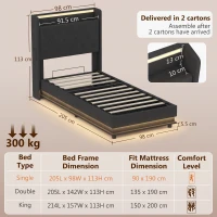 HOMCOM 3ft Single Bed Frame with Headboard, Platform Bed Frame with Hydraulic Storage, LED Lights and Charging Station, Black(m-3)