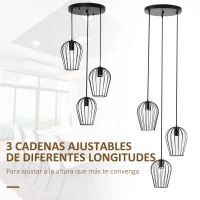 HOMCOM Lámpara Colgante Vintage Lámpara de Techo de Estilo Industrial 3 Portalámparas E27 Lámpara de Suspensión de Metal para Comedor Salón Ø38x133 cm Negro(m-4)