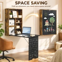 HOMCOM Folding Wall-Mounted Drop-Leaf Table, Convertible Wall Table With Chalkboard and Storage Shelf, Rustic Brown(m-6)