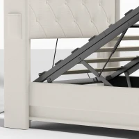 HOMCOM 3ft Single Bed Frame with Headboard, Platform Bed Frame with Hydraulic Storage, LED Lights and Charging Station, White(m-12)