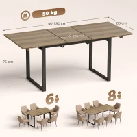 HOMCOM Uitschuifbare eettafel 140-180 cm voor 6-8 personen, rechthoekig in industriële stijl met stalen frame, bruin(m-3)