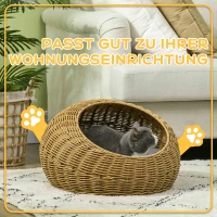 PawHut Katzenhöhle mit waschbarem Kissen, für Tiere bis 4 kg, Indoor, Kunst-Rattan, Ø50 x 31 cm, Hellbraun(m-6)