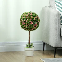 HOMCOM Set of 2 Decorative Artificial Plants, Ball Topiary Tree with Rose Flower in Pot, Fake Plants for Home Indoor Outdoor Decor, 60cm, Pink(m-7)