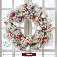 HOMCOM Guirlanda de Natal Nevada de 60 cm com Luzes LED 8 Modos, 140 Ramos, 8 Bagas e 15 Bolas Decorativas, Verde(m-3)