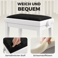 HOMCOM Verstelbare pianobank met gevoerd kussen, fluweellook en rubberhouten poten, wit(m-6)