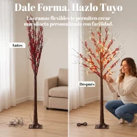 HOMCOM Árbol de Abedul Artificial 150 cm con 96 Luces LED Blanco Cálido Bayas Rojas Temporizador y 12 Ramas Flexibles Marrón(m-6)