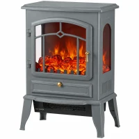 HOMCOM Electric Fireplace Stove, 1000/2000W 3-Sided Freestanding Fireplace Heater with 3D Flame Log, Thermostat, Grey(m-1)