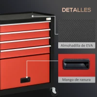 DURHAND Carro de Herramientas con Ruedas 4 Cajones Compartimento de Almacenaje y Asa Lateral 69x33x75 cm Negro y Rojo(m-6)