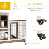PawHut Conejera de Madera con Ruedas para Interior Jaula de 2 Pisos con Rampa y 2 Bandejas Extraíbles 110x50x88cm Marrón(m-7)
