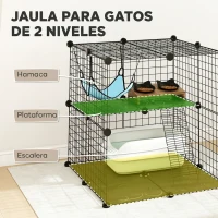 PawHut Jaula para Gatos Interior de 2 Niveles Recinto de Acero para Gatos con 2 Puerta Escalera Hamaca 70x70x70 cm Negro(m-5)