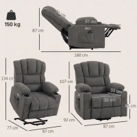 HOMCOM Poltrona elétrica com auxílio para levantar com massagem e aquecimento, poltrona relax para idosos, molas ensacadas, Cinza(m-3)