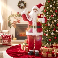 HOMCOM Lebensgroßer singender Weihnachtsmann 150 cm, animierte Musikfigur mit drehendem Kopf, winkender Hand und Geschenk(m-10)