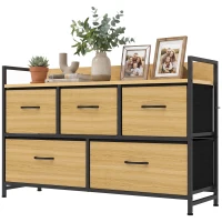 HOMCOM Commode, meuble de rangement avec 5 tiroirs en tissu pliables, plateau et cadre en acier, 98 x 29 x 63 cm, chêne(m-17)