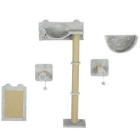 PawHut 5-teiliges wandmontiertes Kletterset für Hauskatzen mit Kratzpfosten, Kratzmatte, Katzenbett, Spielzeugbällen, Hellgrau(m-1)