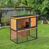 PawHut Conejera de Exterior de Madera Jaula para Mascotas Pequeñas 2 Niveles con Rampa Bandeja Extraíble Puertas con Cerraduras 89,5x45x81 cm Madera y Gris(m-10)