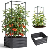 Outsunny Hoogbed met klimrek Plantenbak met klimsteun, open bodem, weerbestendig, 61 cm x 61 cm x 140 cm, Donkergrijs(m-15)