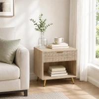 HOMCOM Bedside Table with Drawer and Open Compartment, Nightstand with Handle for Bedroom, Living Room, Natural Wood Finish(m-9)