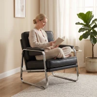 HOMCOM Sessel Loungesessel mit breiter Sitz, Armlehnen, Stahlbeinen, aus Kunstleder für Wohnzimmer, Schlafzimmer, Schwarz(m-9)