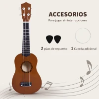 HOMCOM Ukelele Soprano para Principiantes con 4 Cuerdas de Nylon Ajustables Juguete educativo 53x17,5x6,2cm Marrón(m-6)