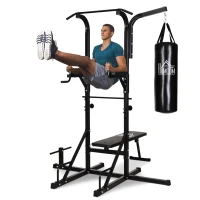 HOMCOM Estación de Musculación con Saco de Boxeo 20 kg Barra de Dominadas y Banco de Pesas Plegable 180x183x219 cm Negro(m-8)